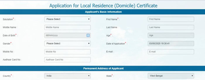 West Bengal Domicile Certificate Application Form or Local Resident Certificate Application Form
